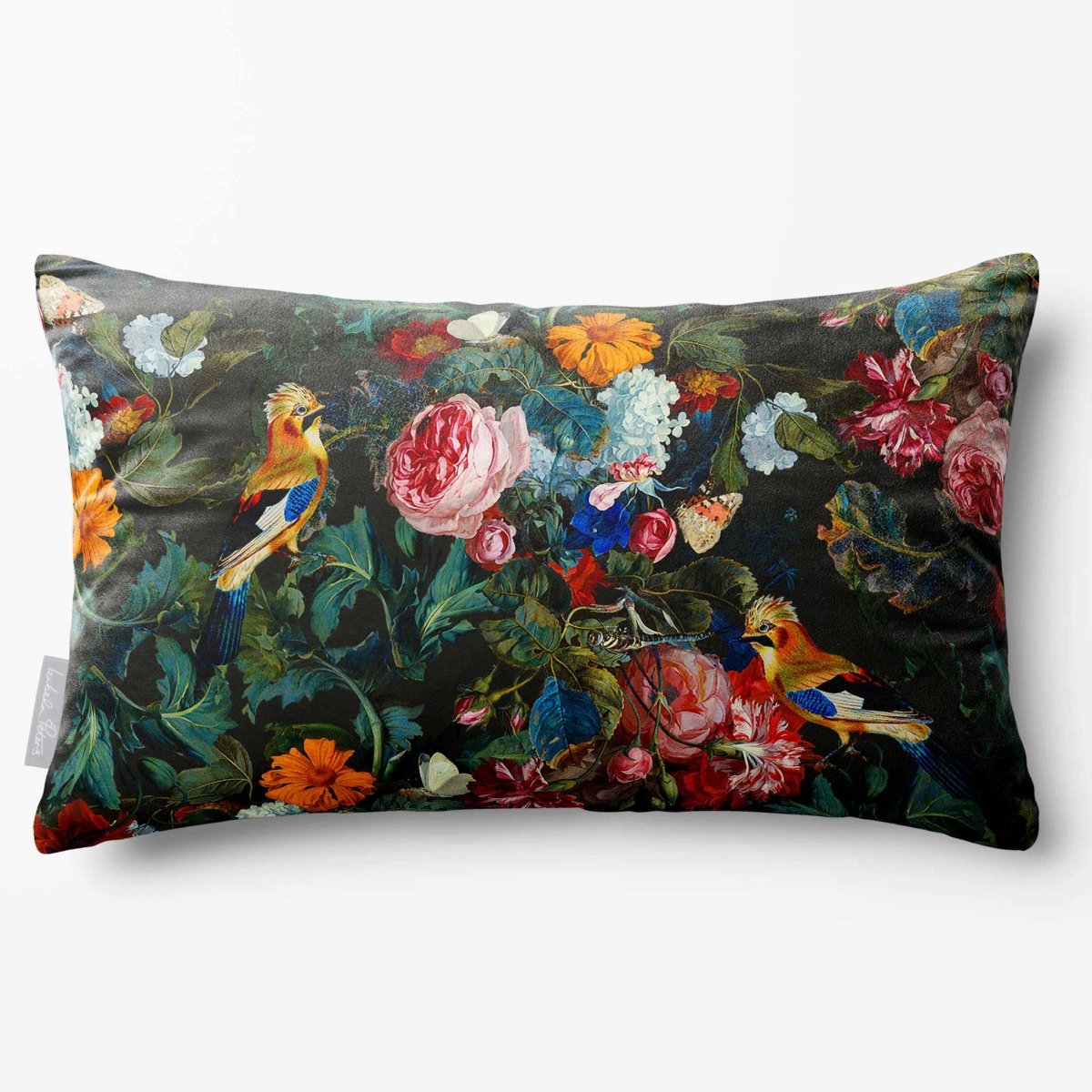 Birds In Paradise | Sustainable Velvet Rectangle Cushion - Charcoal 50 x 30 cm Standard by Izabela Peters