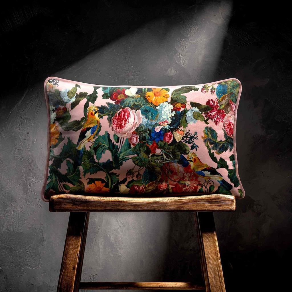 Birds In Paradise | Sustainable Velvet Rectangle Cushion - Rosewater 50 x 30 cm Standard by Izabela Peters