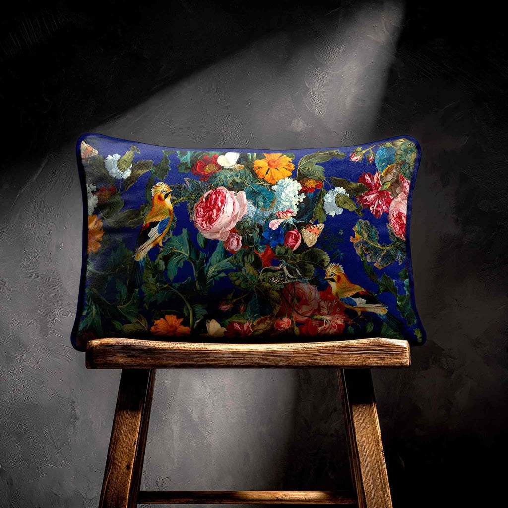 Birds In Paradise | Sustainable Velvet Rectangle Cushion - Midnight 50 x 30 cm Standard by Izabela Peters