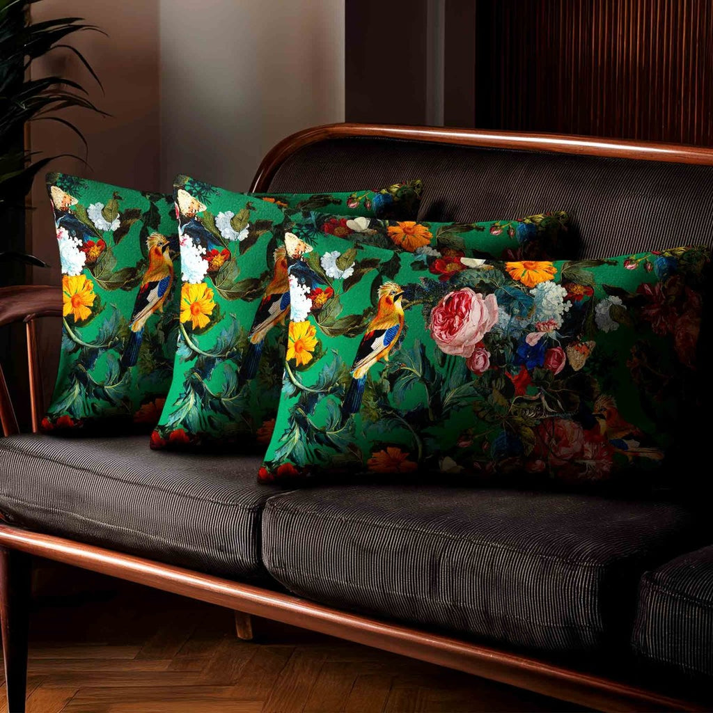 Birds In Paradise | Sustainable Velvet Rectangle Cushion - Emerald Green 50 x 30 cm Standard by Izabela Peters