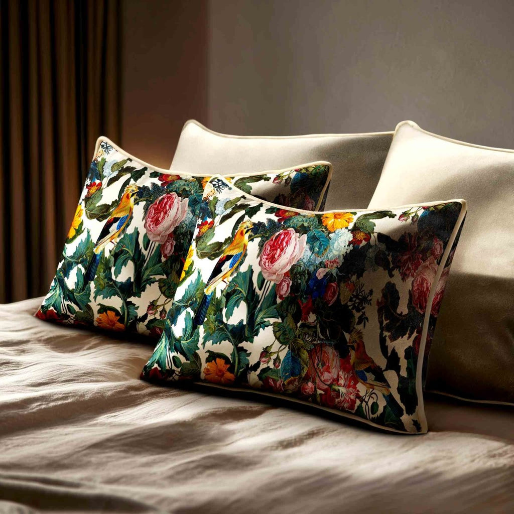 Birds In Paradise | Sustainable Velvet Rectangle Cushion - Ivory Cream 50 x 30 cm Standard by Izabela Peters