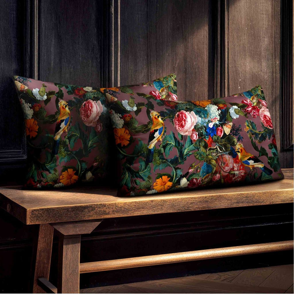 Birds In Paradise | Sustainable Velvet Rectangle Cushion - Italian Grape 50 x 30 cm Standard by Izabela Peters