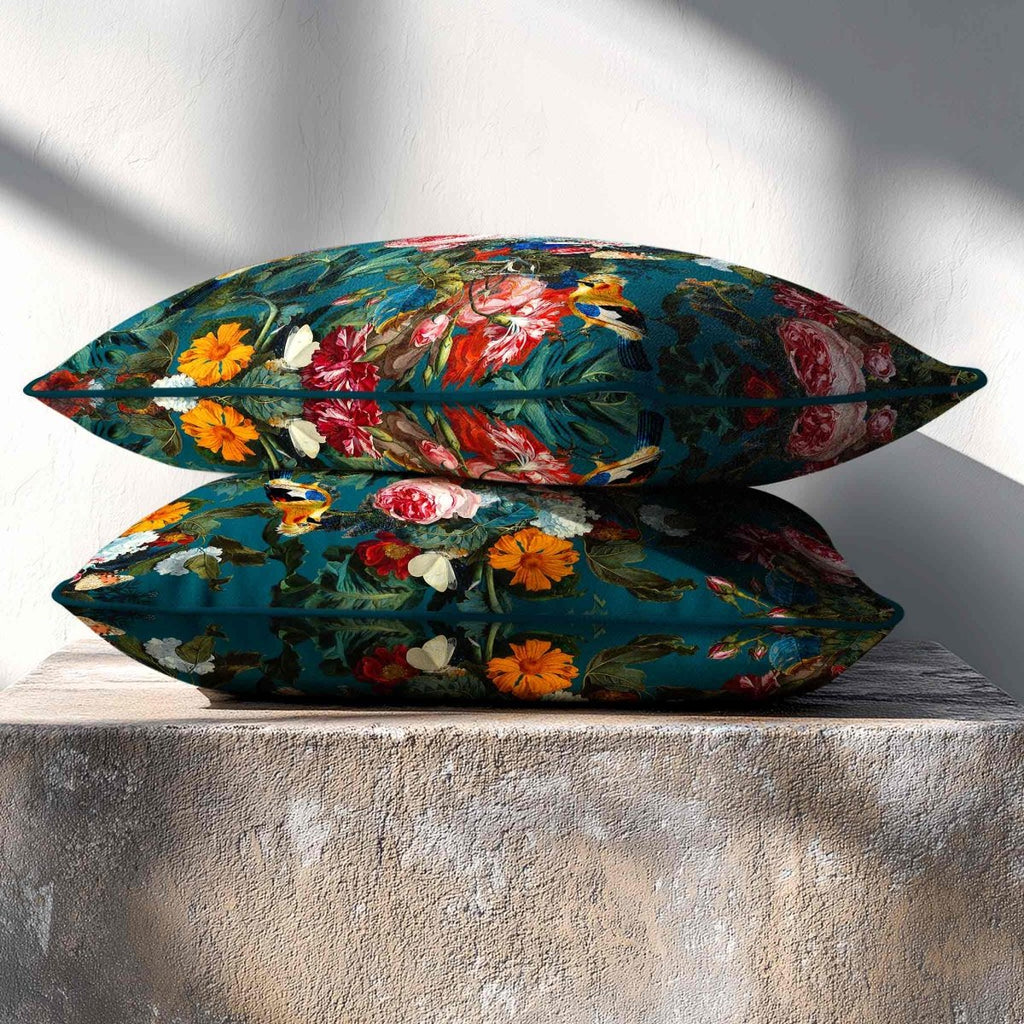 Birds In Paradise | Sustainable Velvet Rectangle Cushion - Teal 50 x 30 cm Standard by Izabela Peters