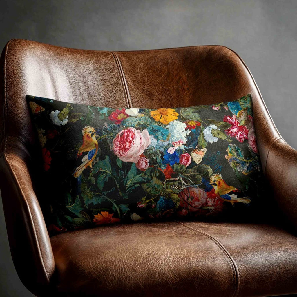 Birds In Paradise | Sustainable Velvet Rectangle Cushion - Charcoal 50 x 30 cm Piped by Izabela Peters