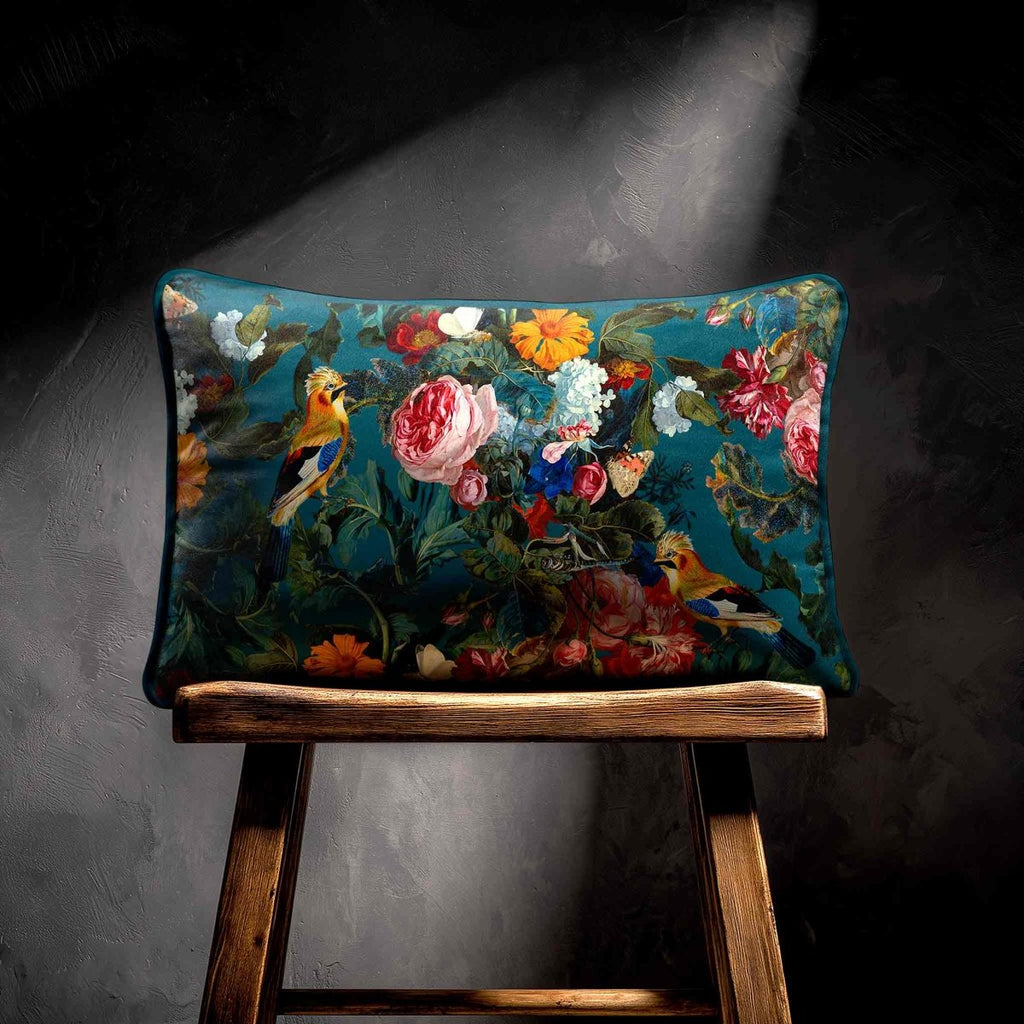 Birds In Paradise | Sustainable Velvet Rectangle Cushion - Teal 50 x 30 cm Standard by Izabela Peters