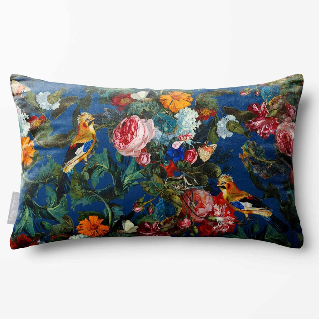 Birds In Paradise | Sustainable Velvet Rectangle Cushion - Estate Blue 50 x 30 cm Standard by Izabela Peters