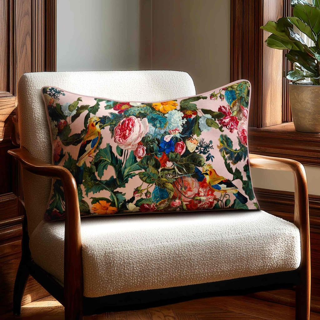 Birds In Paradise | Sustainable Velvet Rectangle Cushion - Rosewater 50 x 30 cm Standard by Izabela Peters