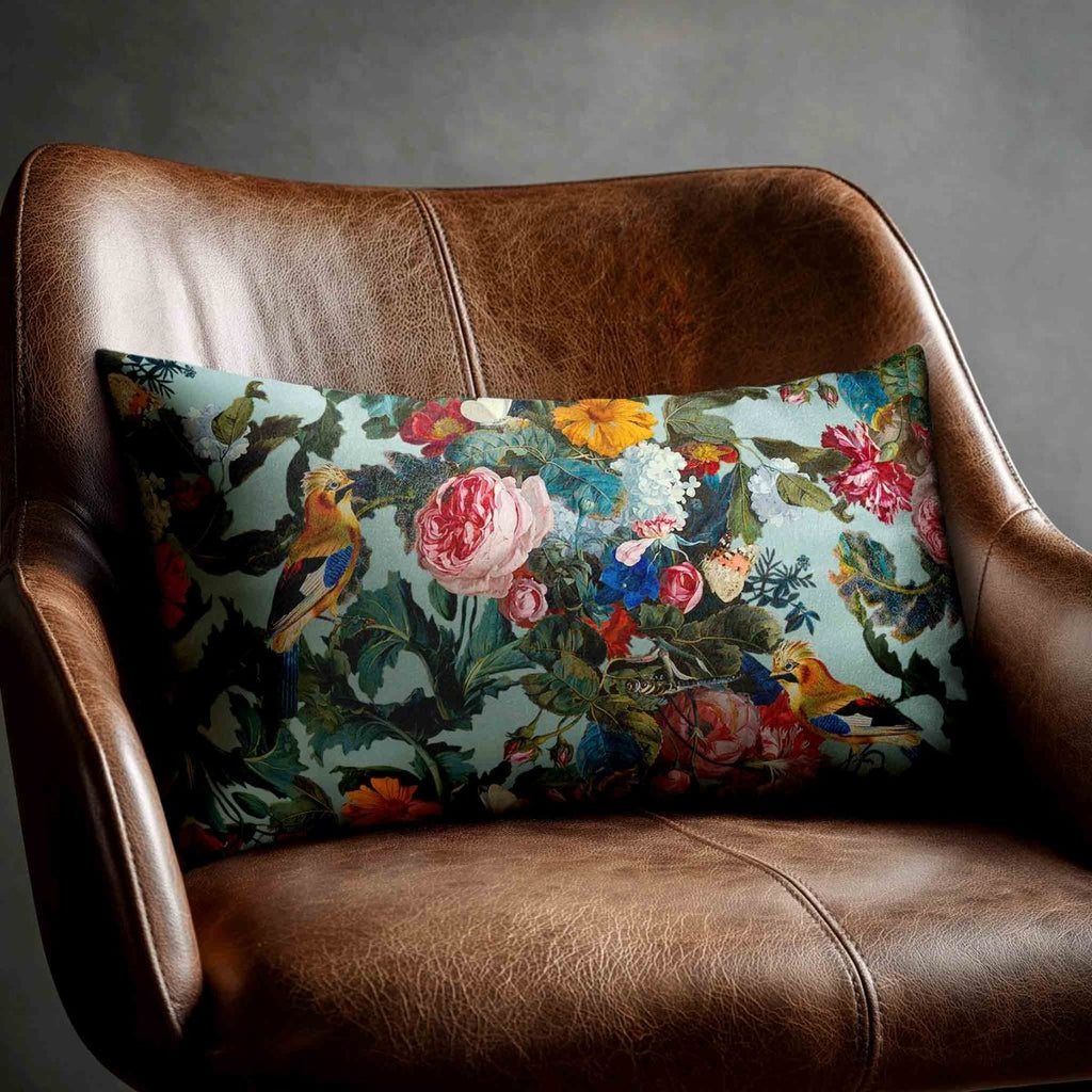 Birds In Paradise | Sustainable Velvet Rectangle Cushion - Blue Surf 50 x 30 cm Standard by Izabela Peters