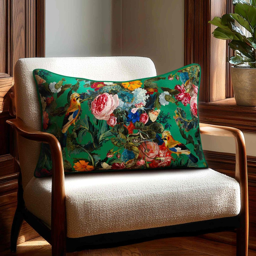 Birds In Paradise | Sustainable Velvet Rectangle Cushion - Emerald Green 50 x 30 cm Standard by Izabela Peters