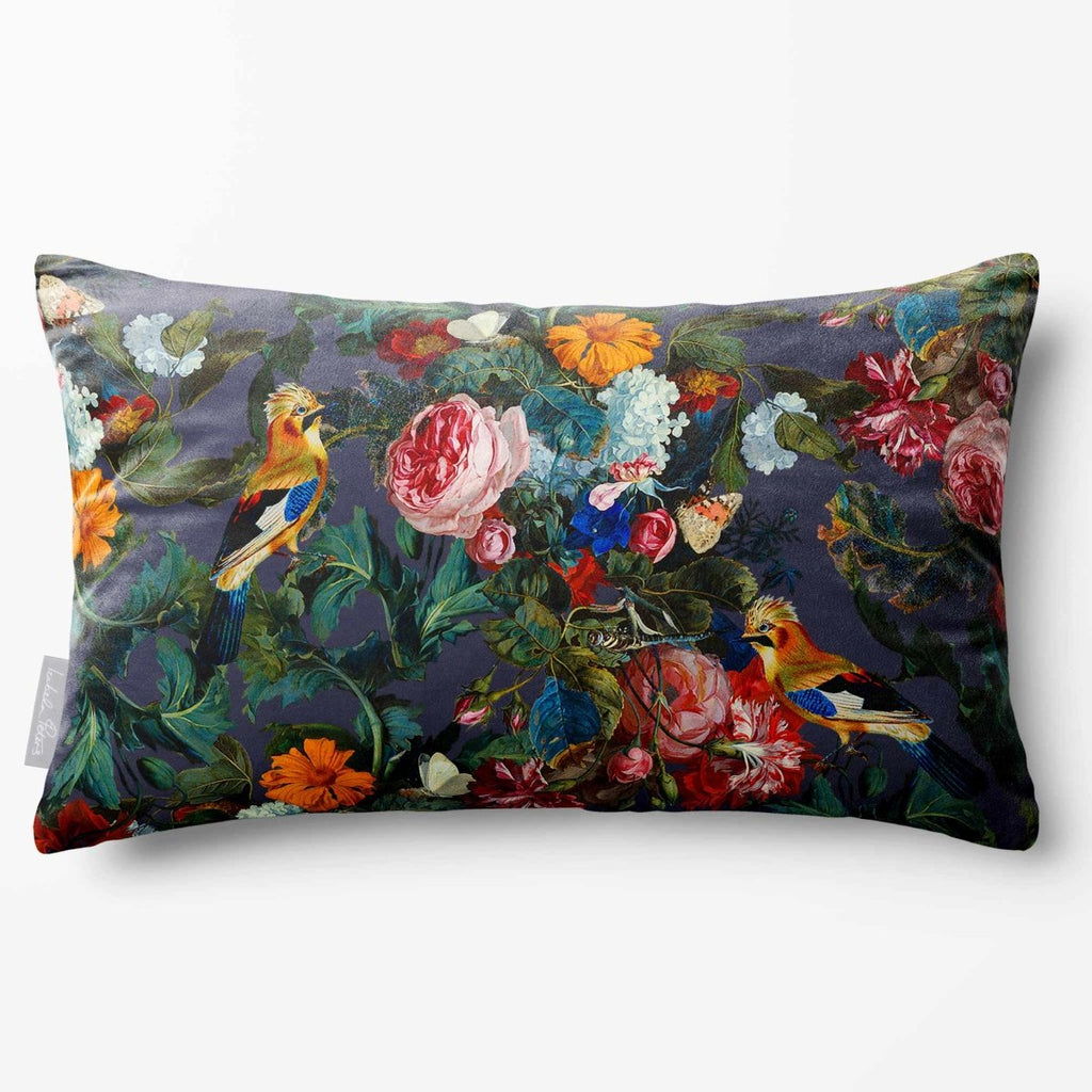 Birds In Paradise | Sustainable Velvet Rectangle Cushion - Graphite 50 x 30 cm Standard by Izabela Peters