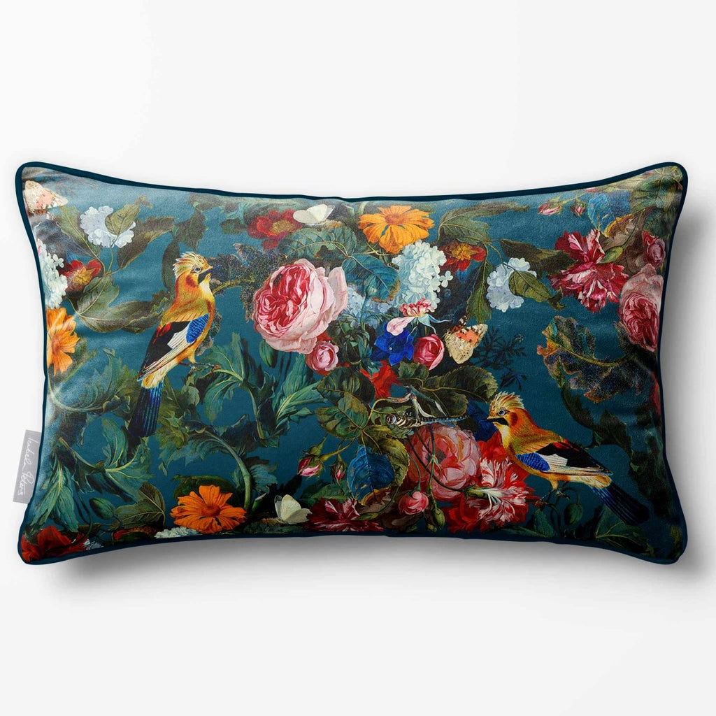 Birds In Paradise | Sustainable Velvet Rectangle Cushion - Teal 50 x 30 cm Piped by Izabela Peters
