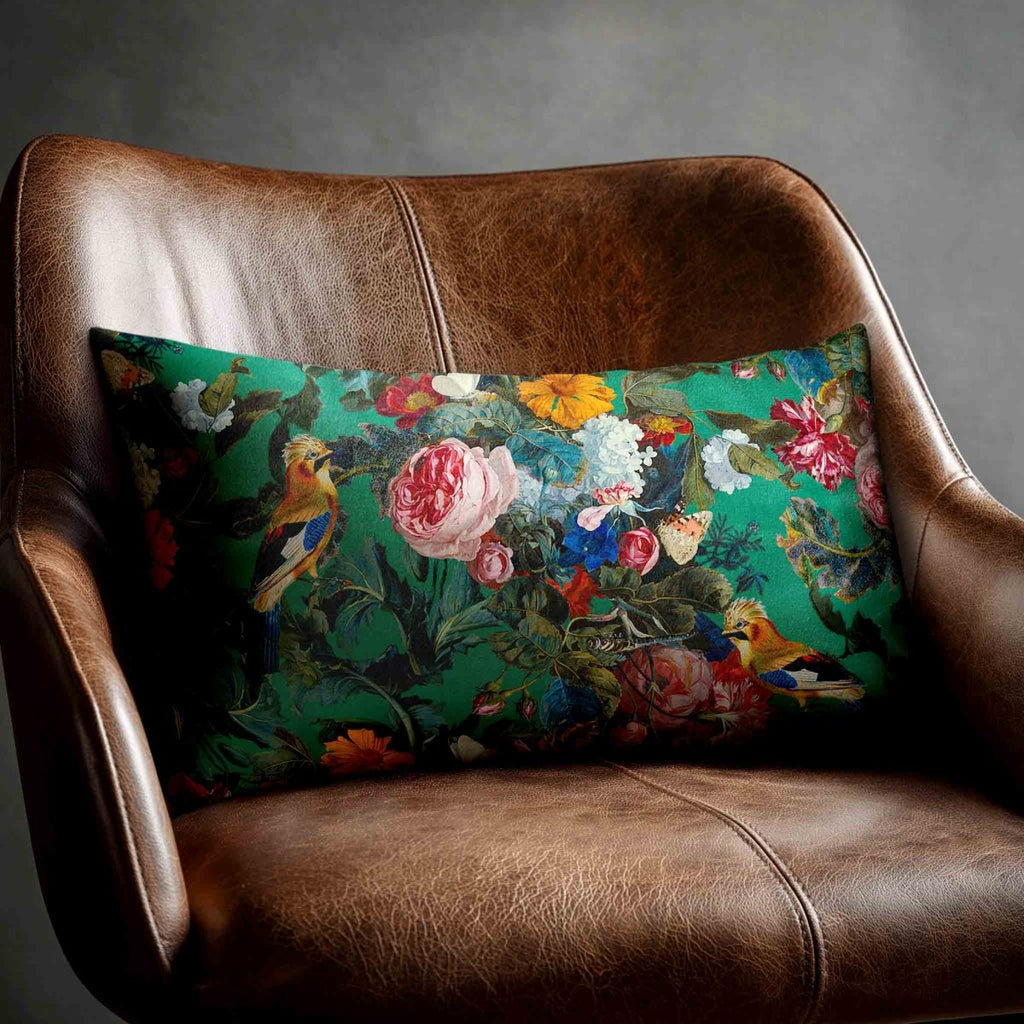 Birds In Paradise | Sustainable Velvet Rectangle Cushion - Emerald Green 50 x 30 cm Standard by Izabela Peters