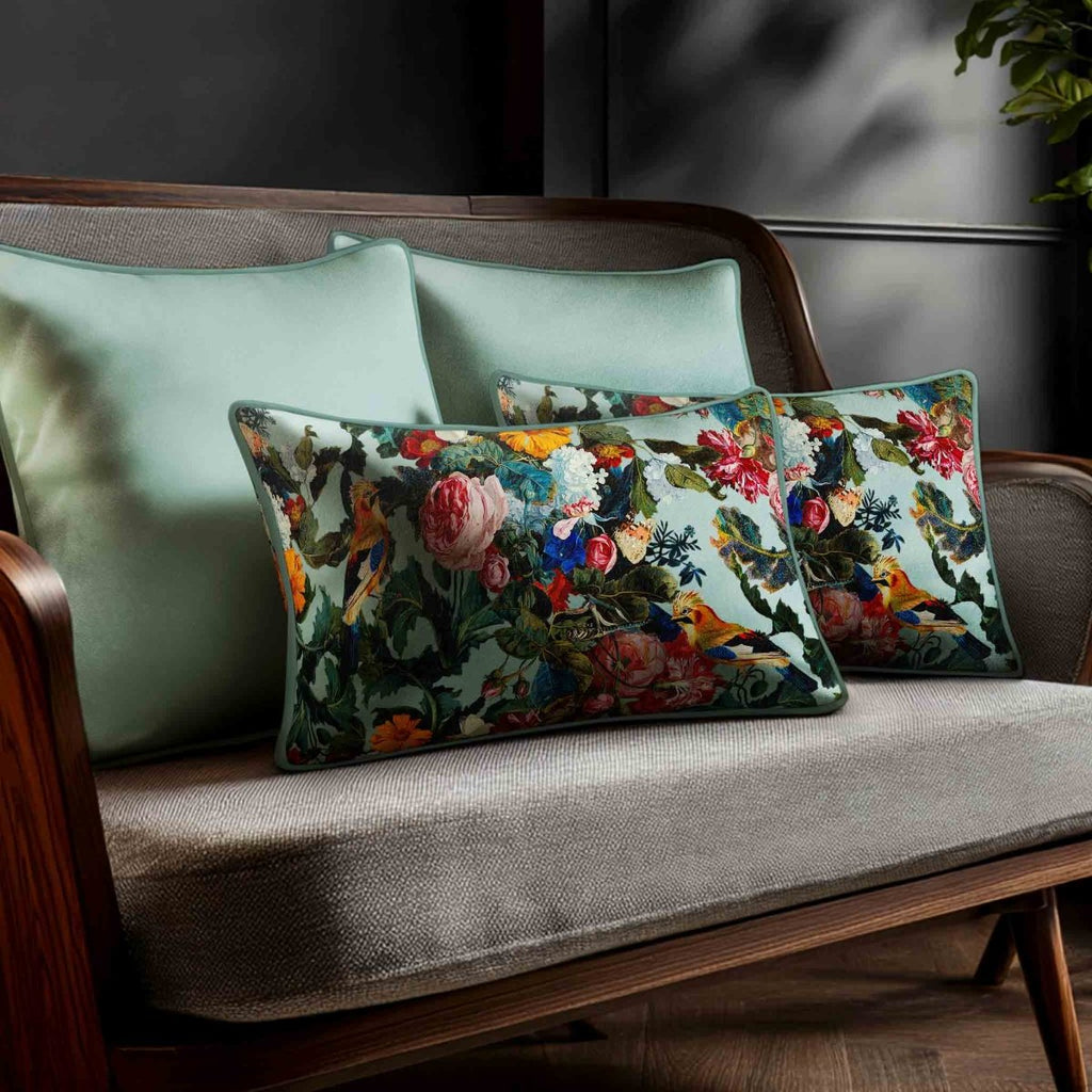 Birds In Paradise | Sustainable Velvet Rectangle Cushion - Blue Surf 50 x 30 cm Standard by Izabela Peters