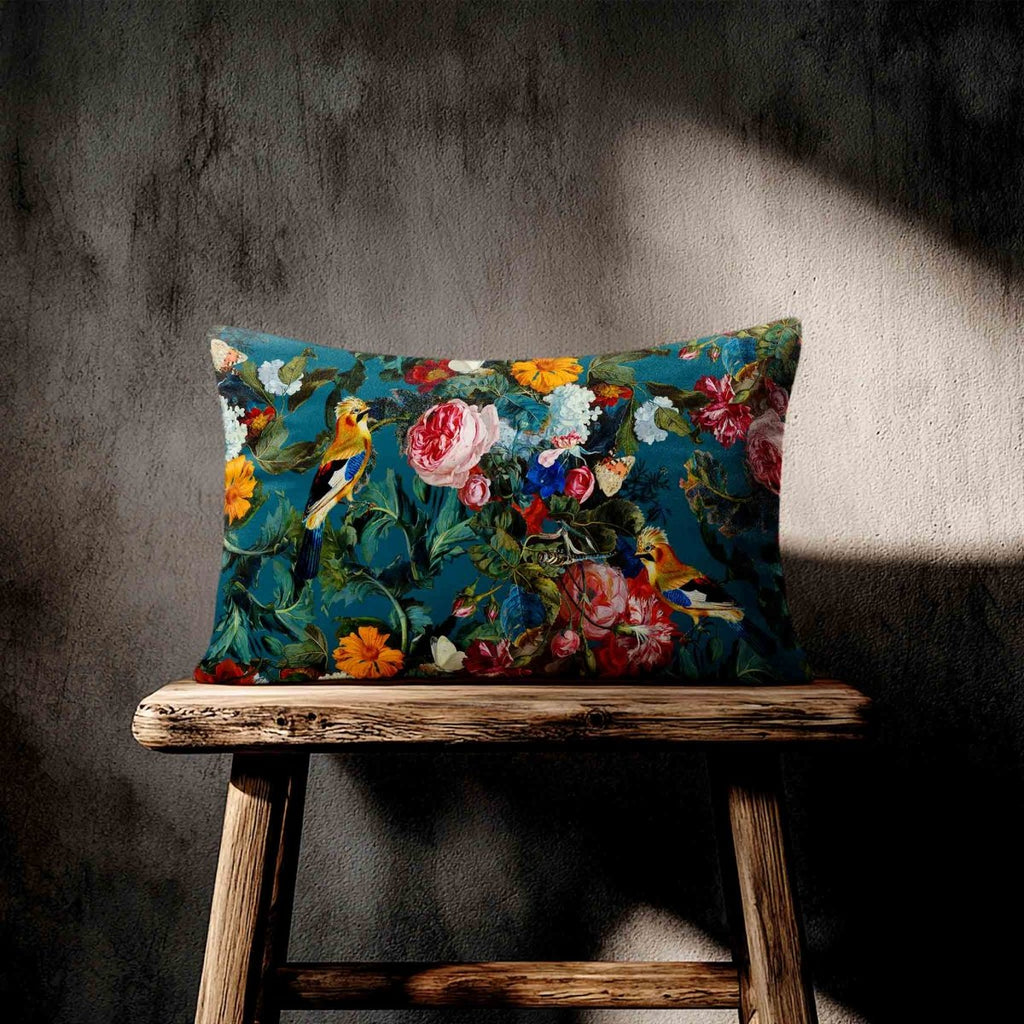 Birds In Paradise | Sustainable Velvet Rectangle Cushion - Teal 50 x 30 cm Standard by Izabela Peters