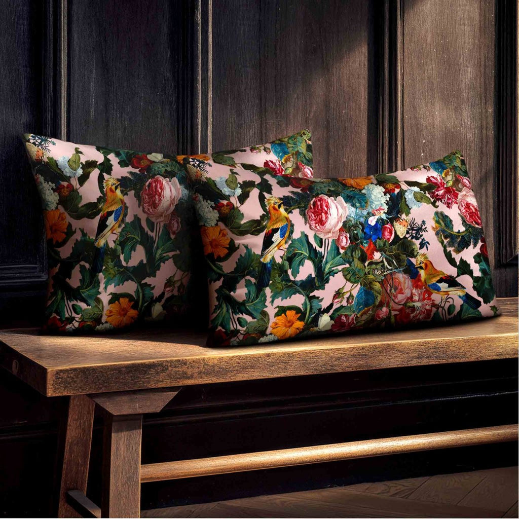 Birds In Paradise | Sustainable Velvet Rectangle Cushion - Rosewater 50 x 30 cm Standard by Izabela Peters