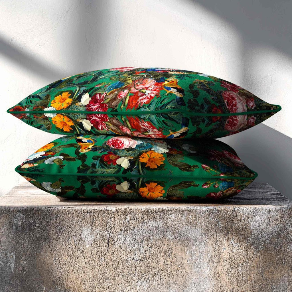 Birds In Paradise | Sustainable Velvet Rectangle Cushion - Emerald Green 50 x 30 cm Standard by Izabela Peters