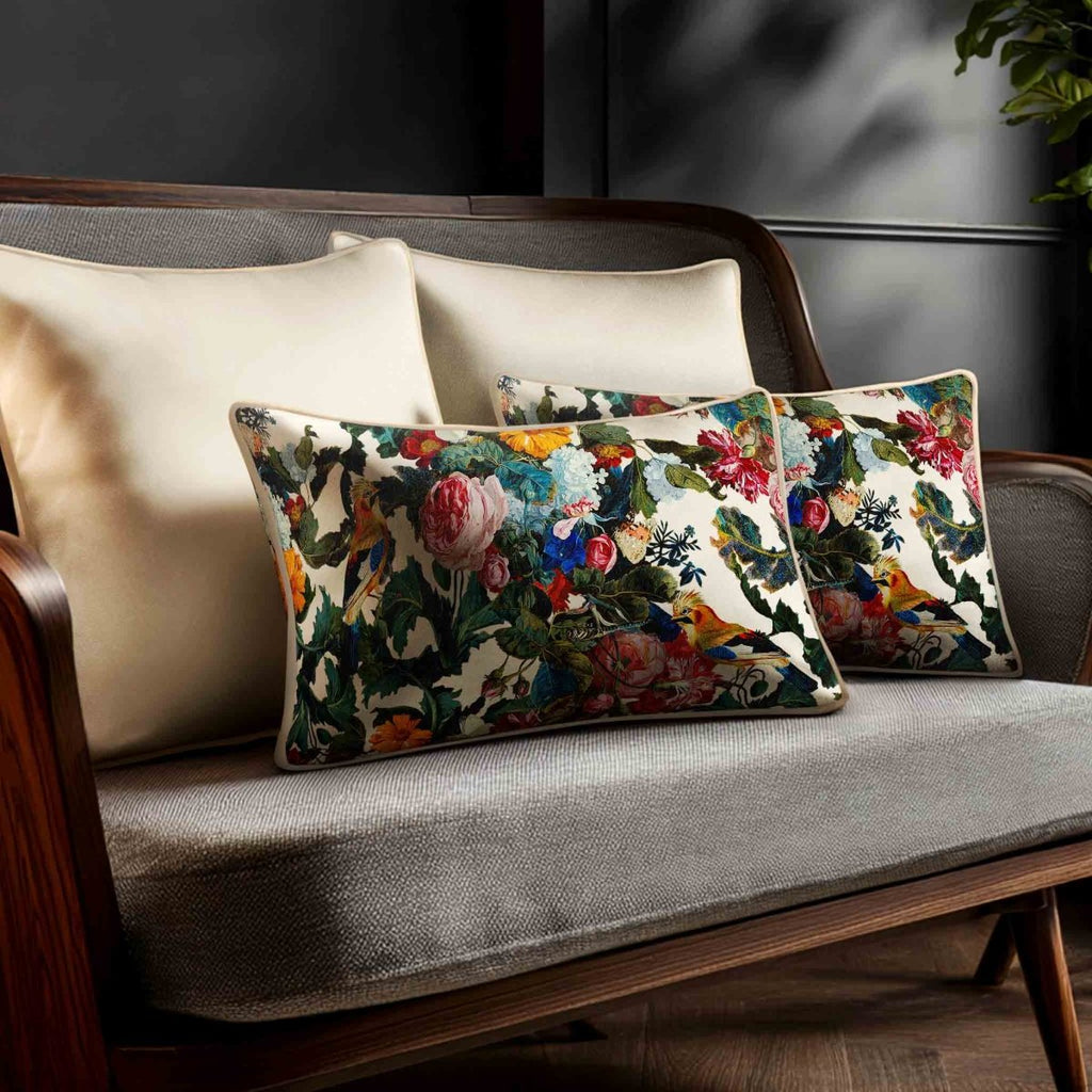 Birds In Paradise | Sustainable Velvet Rectangle Cushion - Ivory Cream 50 x 30 cm Standard by Izabela Peters