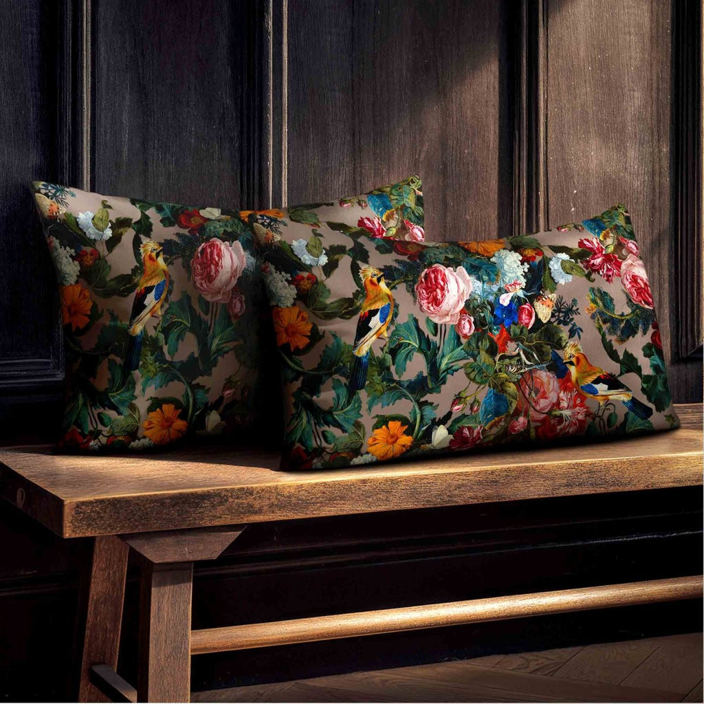 Birds In Paradise | Sustainable Velvet Rectangle Cushion - Dovedale Stone 50 x 30 cm Standard by Izabela Peters