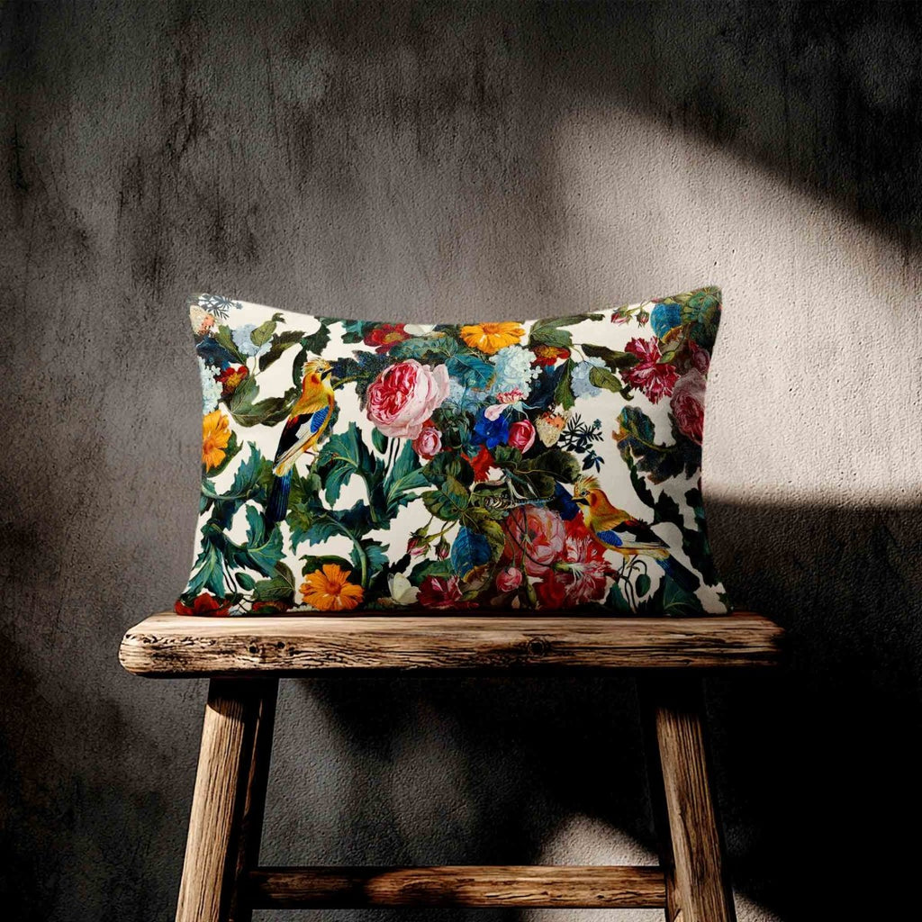 Birds In Paradise | Sustainable Velvet Rectangle Cushion - Ivory Cream 50 x 30 cm Standard by Izabela Peters