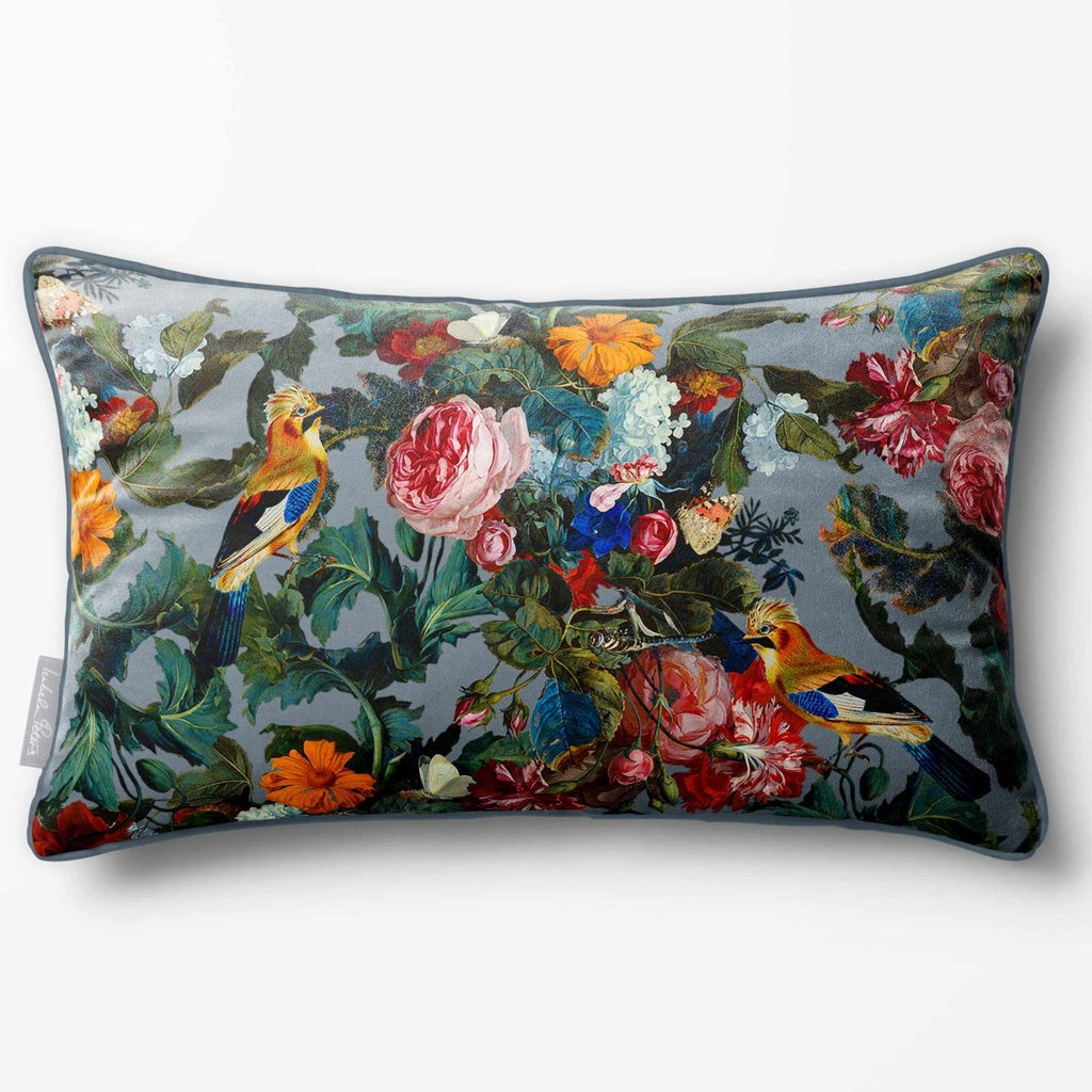 Birds In Paradise | Sustainable Velvet Rectangle Cushion - French Grey 50 x 30 cm Piped by Izabela Peters