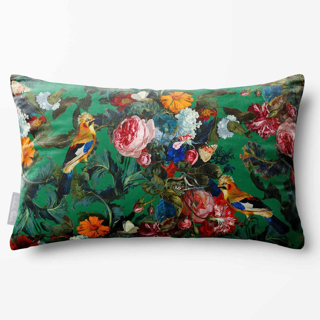 Birds In Paradise | Sustainable Velvet Rectangle Cushion - Emerald Green 50 x 30 cm Standard by Izabela Peters