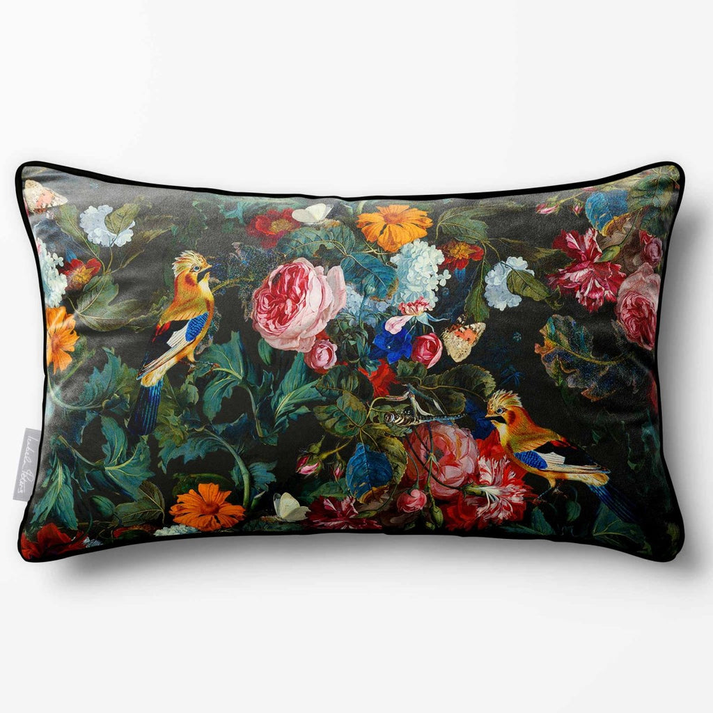 Birds In Paradise | Sustainable Velvet Rectangle Cushion - Charcoal 50 x 30 cm Piped by Izabela Peters
