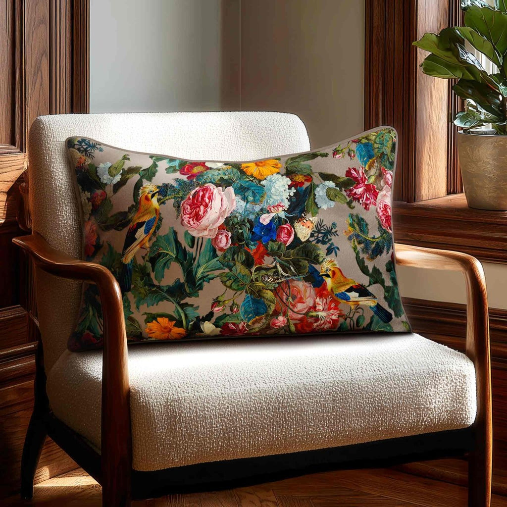 Birds In Paradise | Sustainable Velvet Rectangle Cushion - Dovedale Stone 50 x 30 cm Standard by Izabela Peters