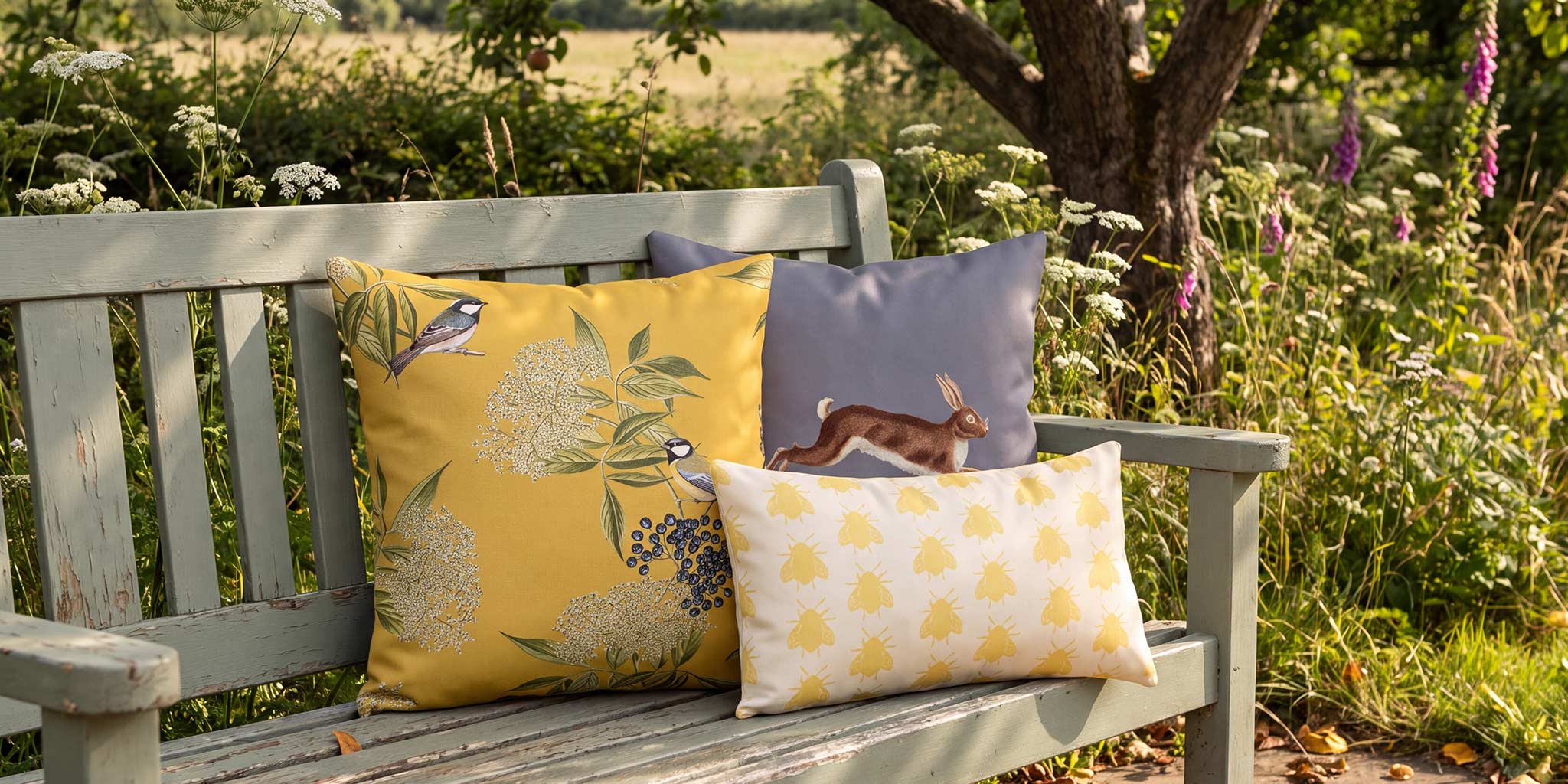 Mustard bird, grey hare and cream bee outdoor cushions on a painted bench in the British countryside