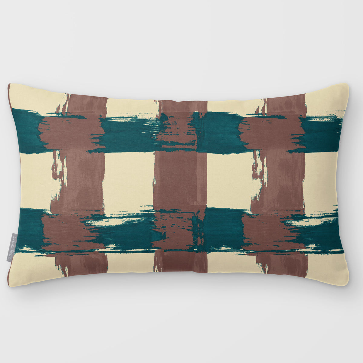 Broad Check Cocoa & Teal linen-look 50 × 30 cm rectangular cushion, plain sewn edge, front view.