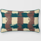 Broad Check Cocoa & Teal linen-look 50 × 30 cm rectangular cushion, piped, front view.