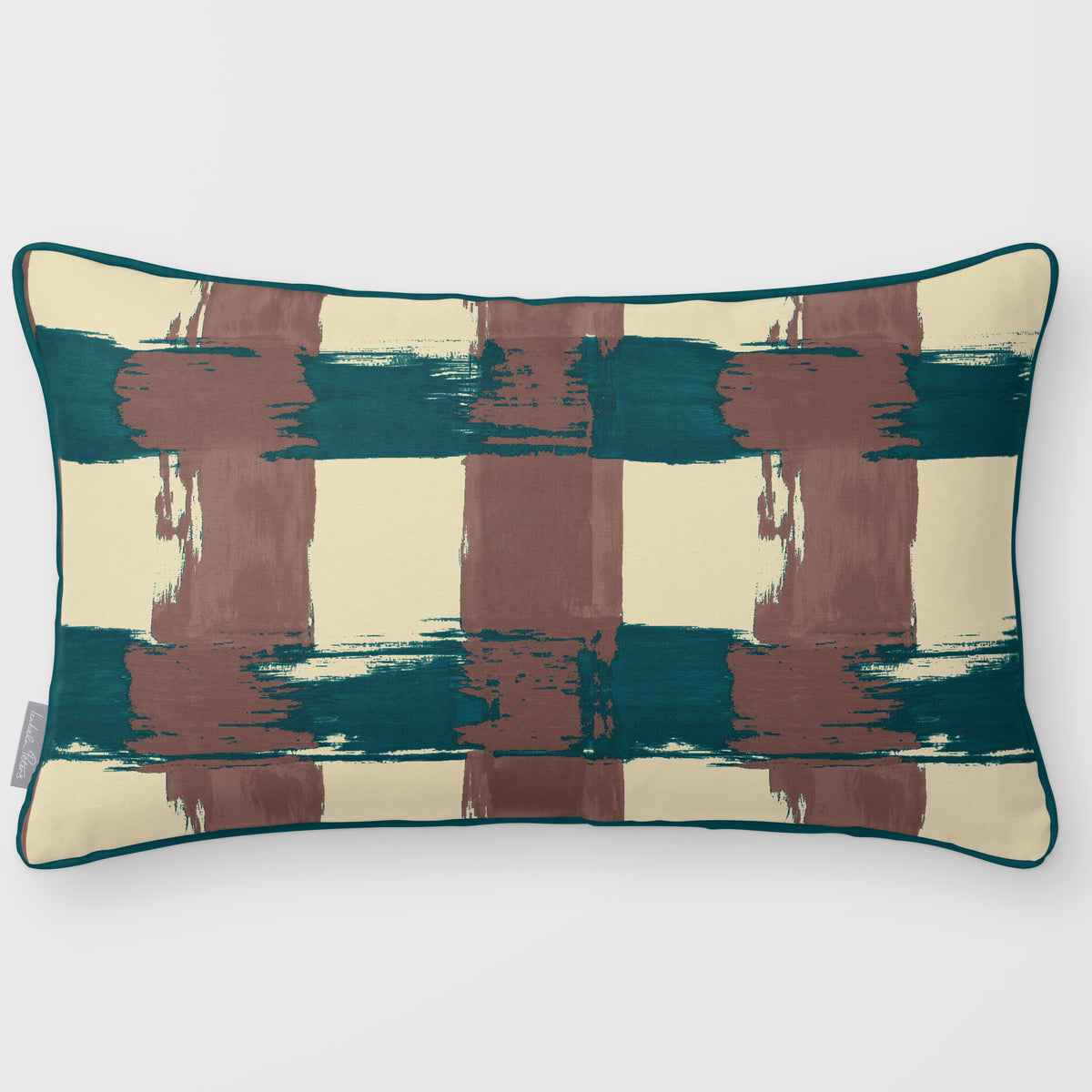 Broad Check Cocoa & Teal linen-look 50 × 30 cm rectangular cushion, piped, front view.