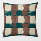 Broad Check Cocoa & Teal linen-look square cushion, plain sewn edge, front view.