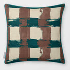 Broad Check Cocoa & Teal linen-look square cushion, piped, front view.