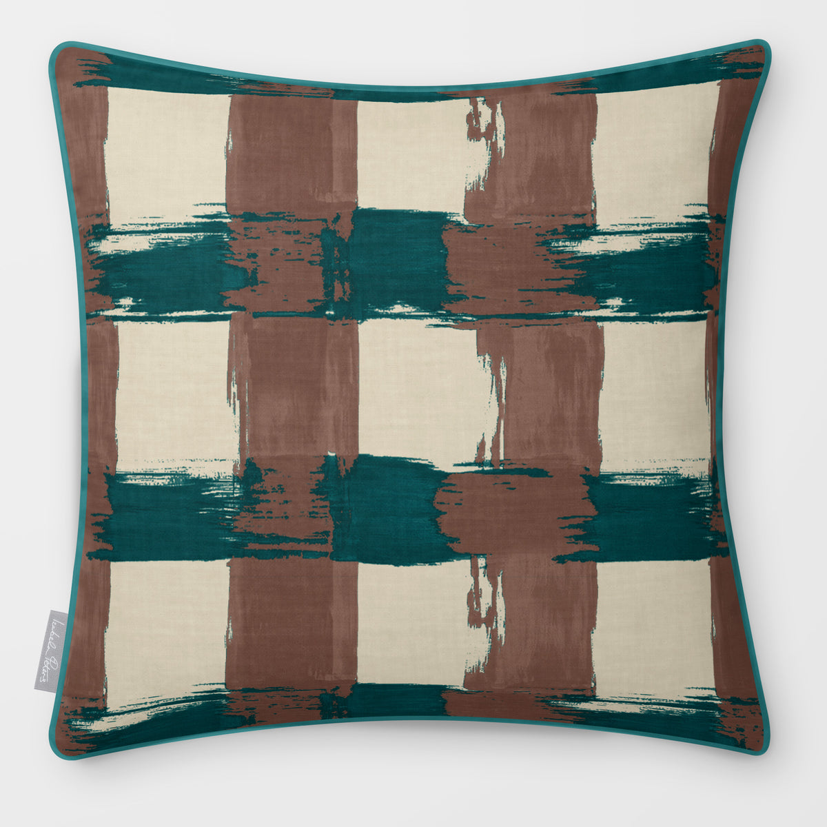 Broad Check Cocoa & Teal linen-look square cushion, piped, front view.