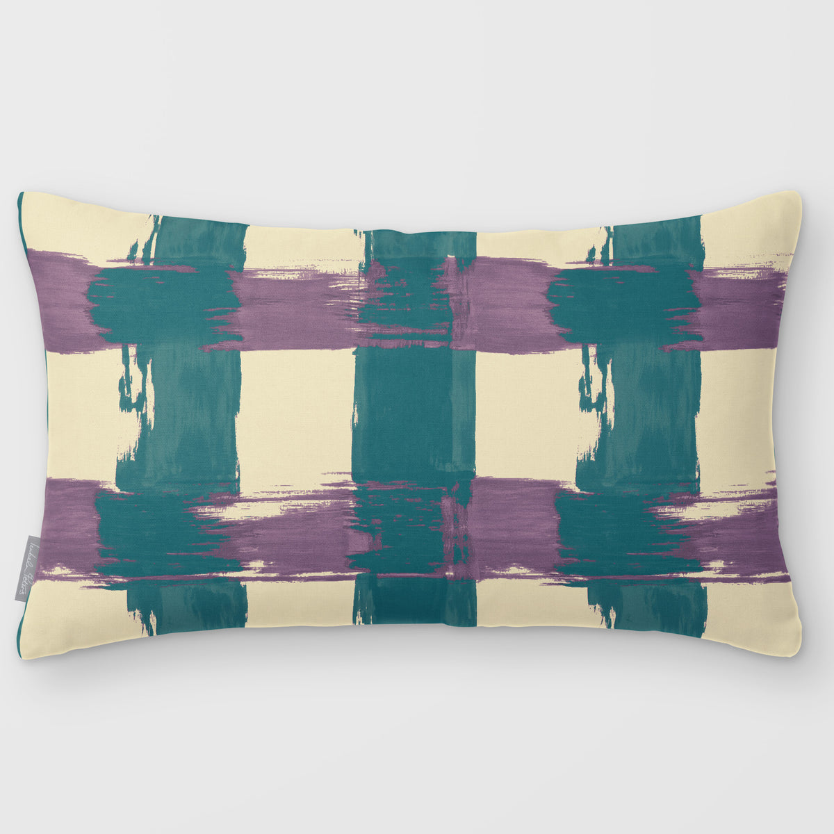 Broad Check Ink Blue & Lilac linen-look 50 × 30 cm rectangular cushion, plain sewn edge, front view.