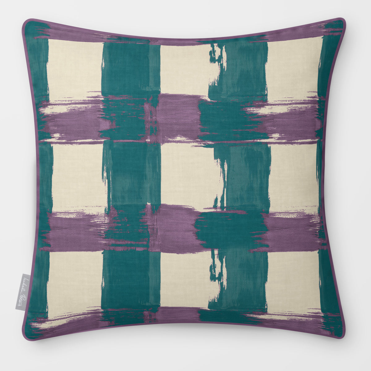 Broad Check Ink Blue & Lilac linen-look square cushion, piped, front view.