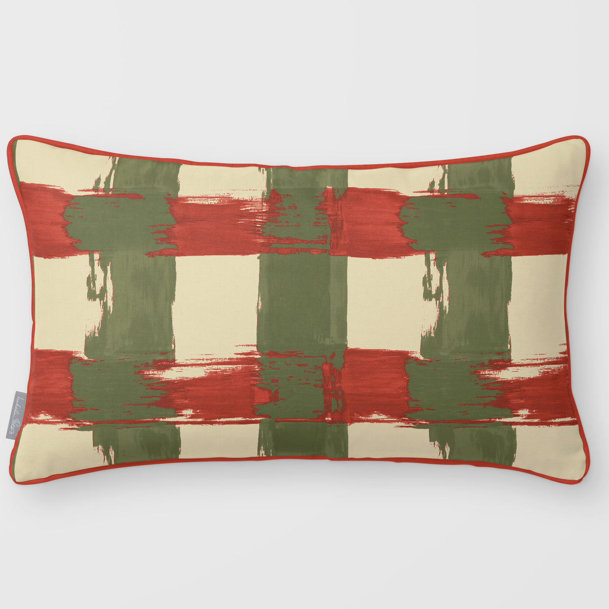 Broad Check Olive & Tomato linen-look 50 × 30 cm rectangular cushion, piped, front view.