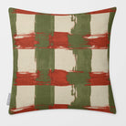 Broad Check Olive & Tomato linen-look square cushion, plain sewn edge, front view.