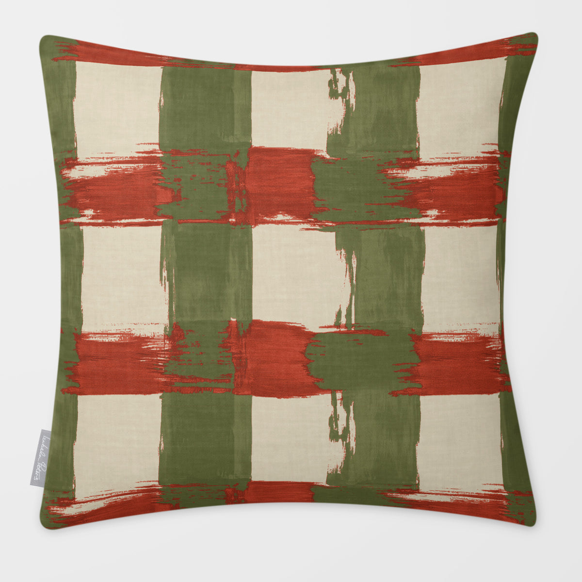 Broad Check Olive & Tomato linen-look square cushion, plain sewn edge, front view.