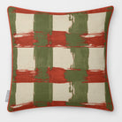 Broad Check Olive & Tomato linen-look square cushion, piped, front view.