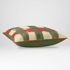 Angled view showing the front and Deep Olive plain reverse of a Broad Check rectangular cushion in Olive & Tomato, finished with Tomato piping.