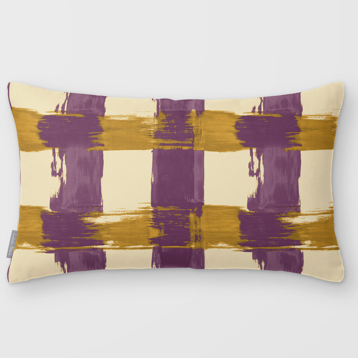 Broad Check Plum & Saffron linen-look 50 × 30 cm rectangular cushion, plain sewn edge, front view.