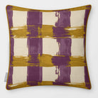 Broad Check Plum & Saffron linen-look square cushion, piped, front view.