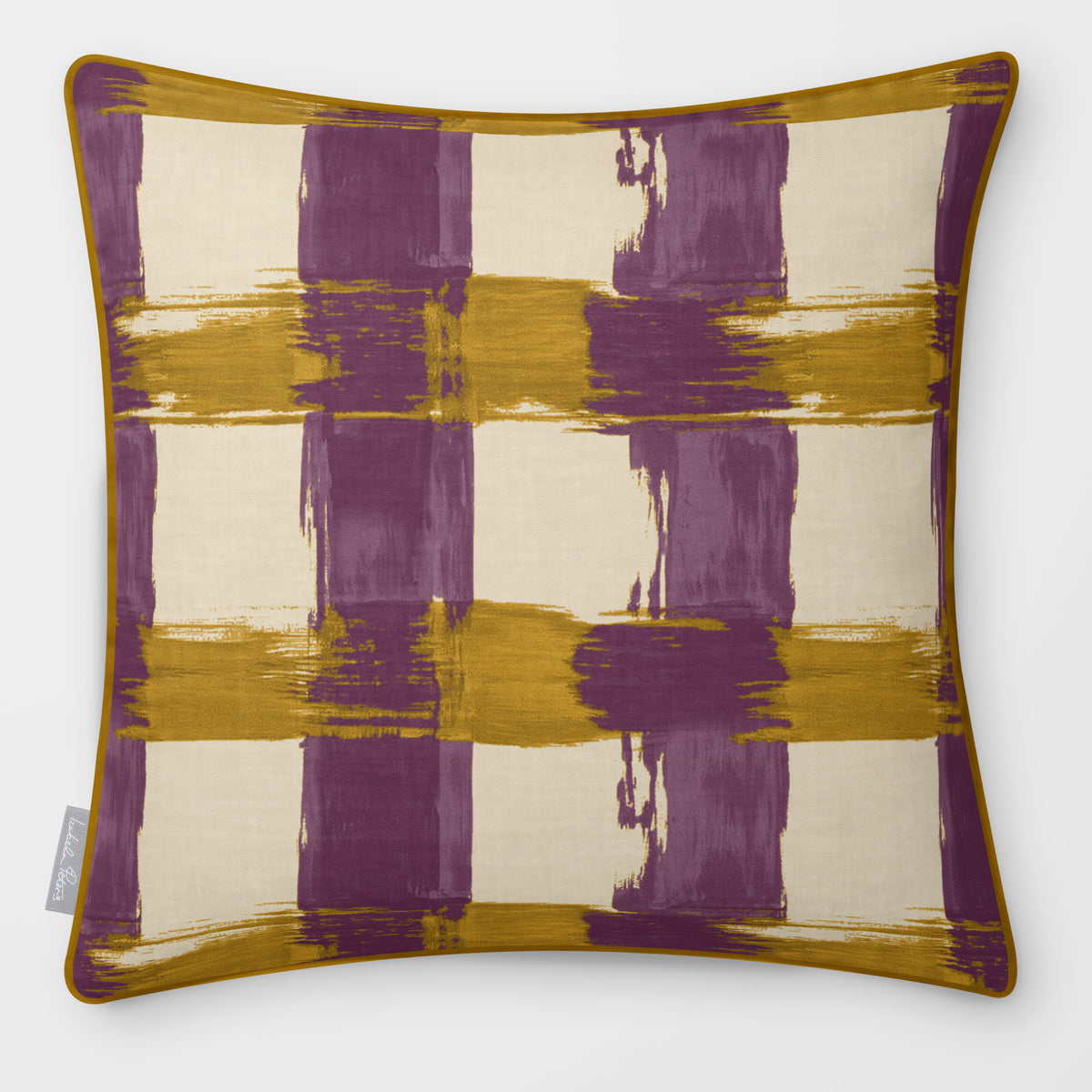 Broad Check Plum & Saffron linen-look square cushion, piped, front view.