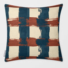 Broad Check Teal & Persimmon linen-look square cushion, plain sewn edge, front view.