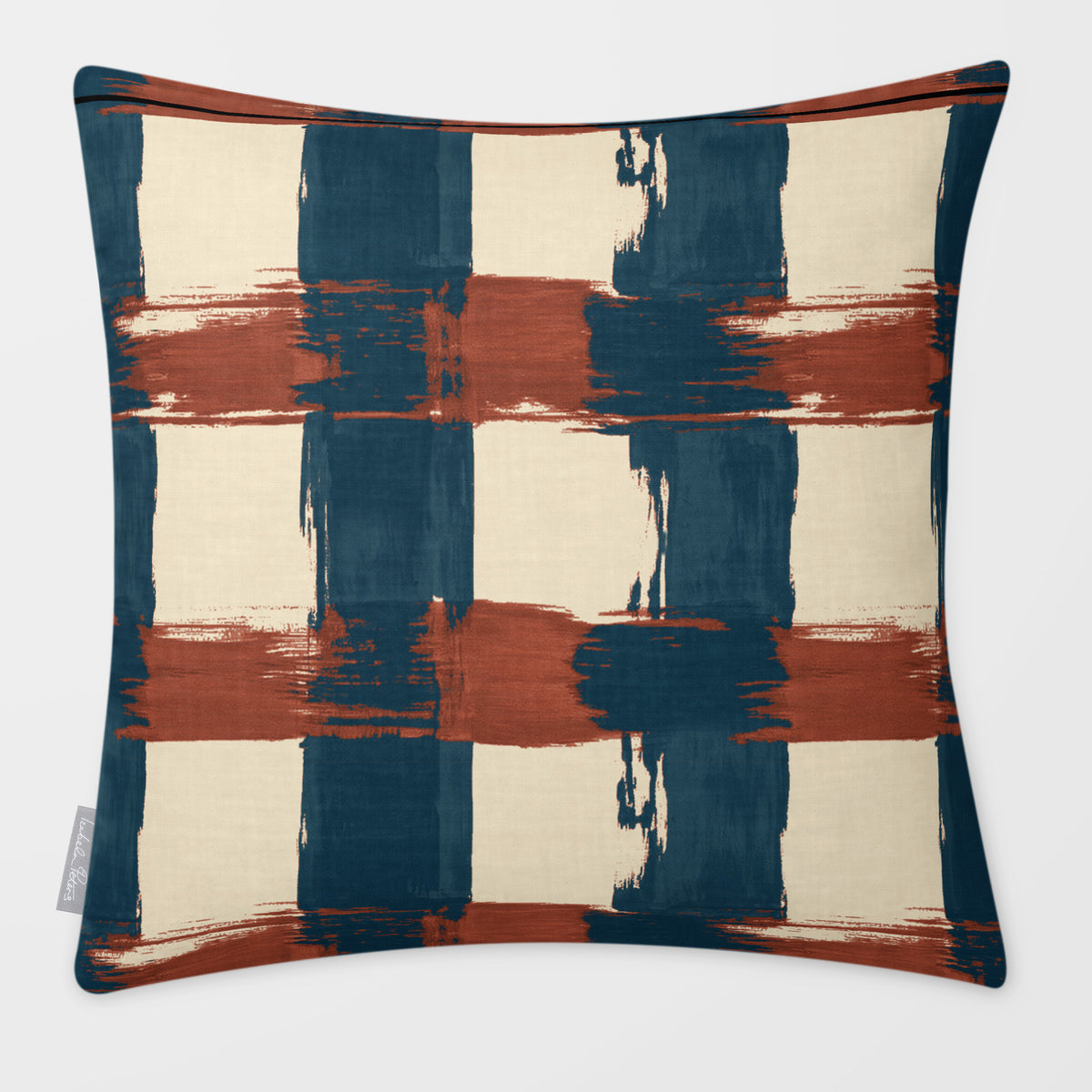 Broad Check Teal & Persimmon linen-look square cushion, plain sewn edge, front view.