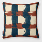 Broad Check Teal & Persimmon linen-look square cushion, piped, front view.