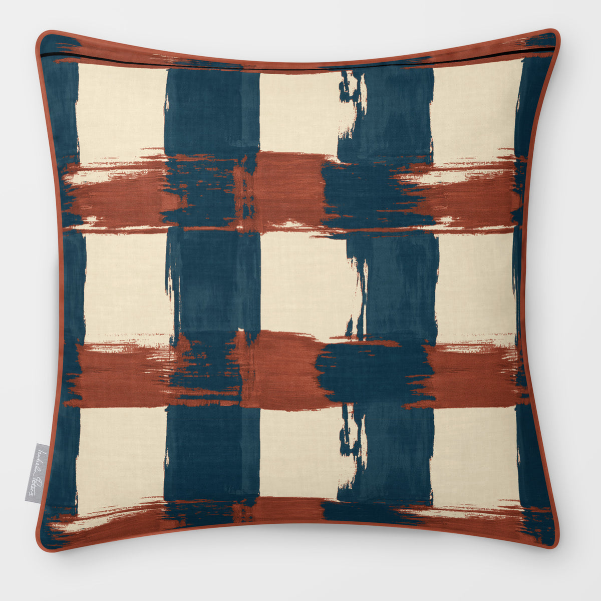 Broad Check Teal & Persimmon linen-look square cushion, piped, front view.