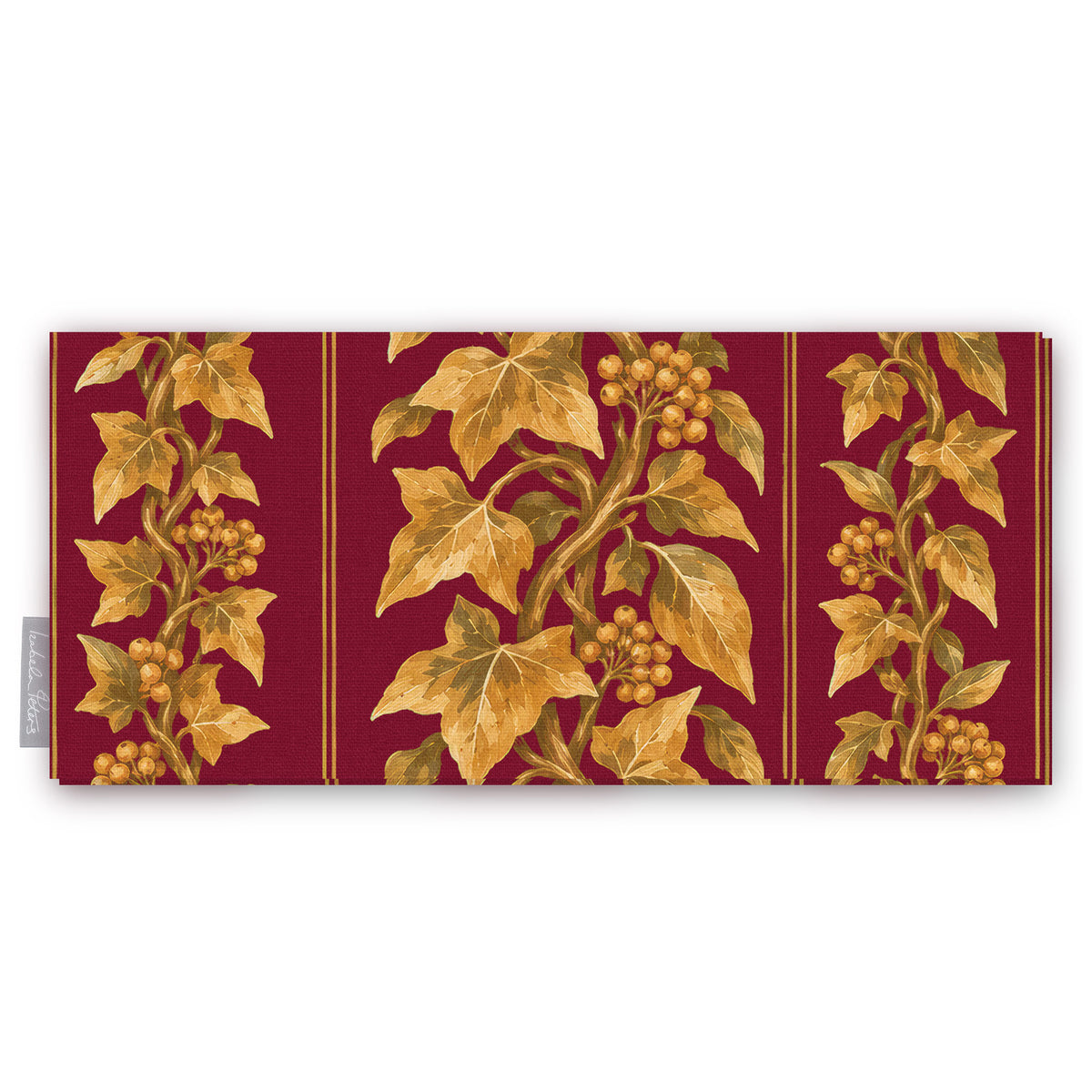 Gilded Ivy Christmas table runner in burgundy and gold, folded on white, showing trails of gold ivy and berries