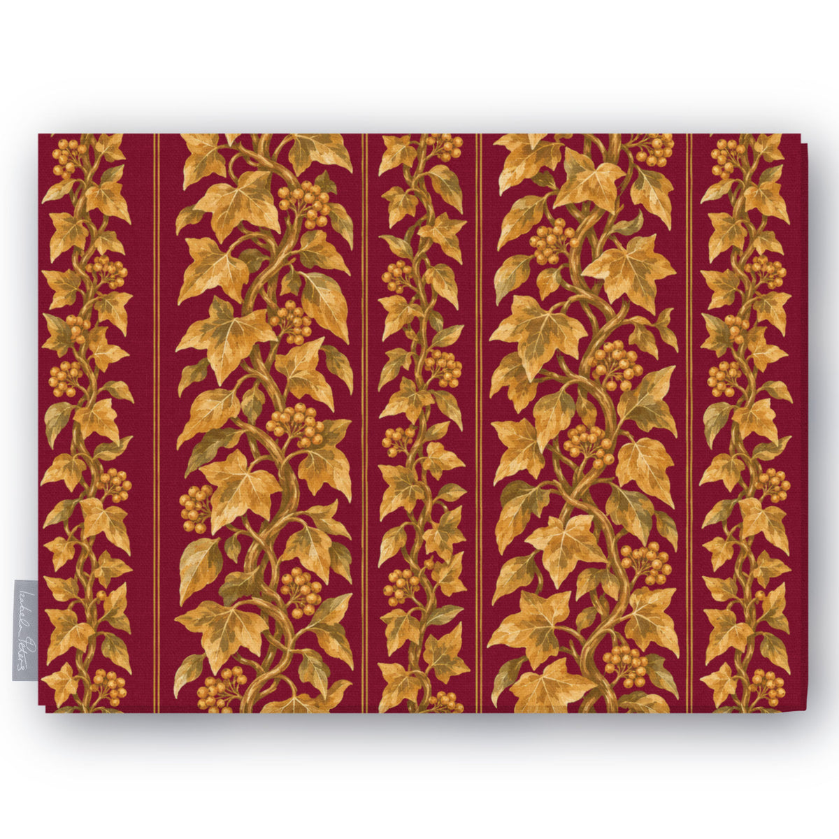Gilded Ivy Christmas tablecloth in burgundy and gold, folded on white, showing trails of gold ivy and berries
